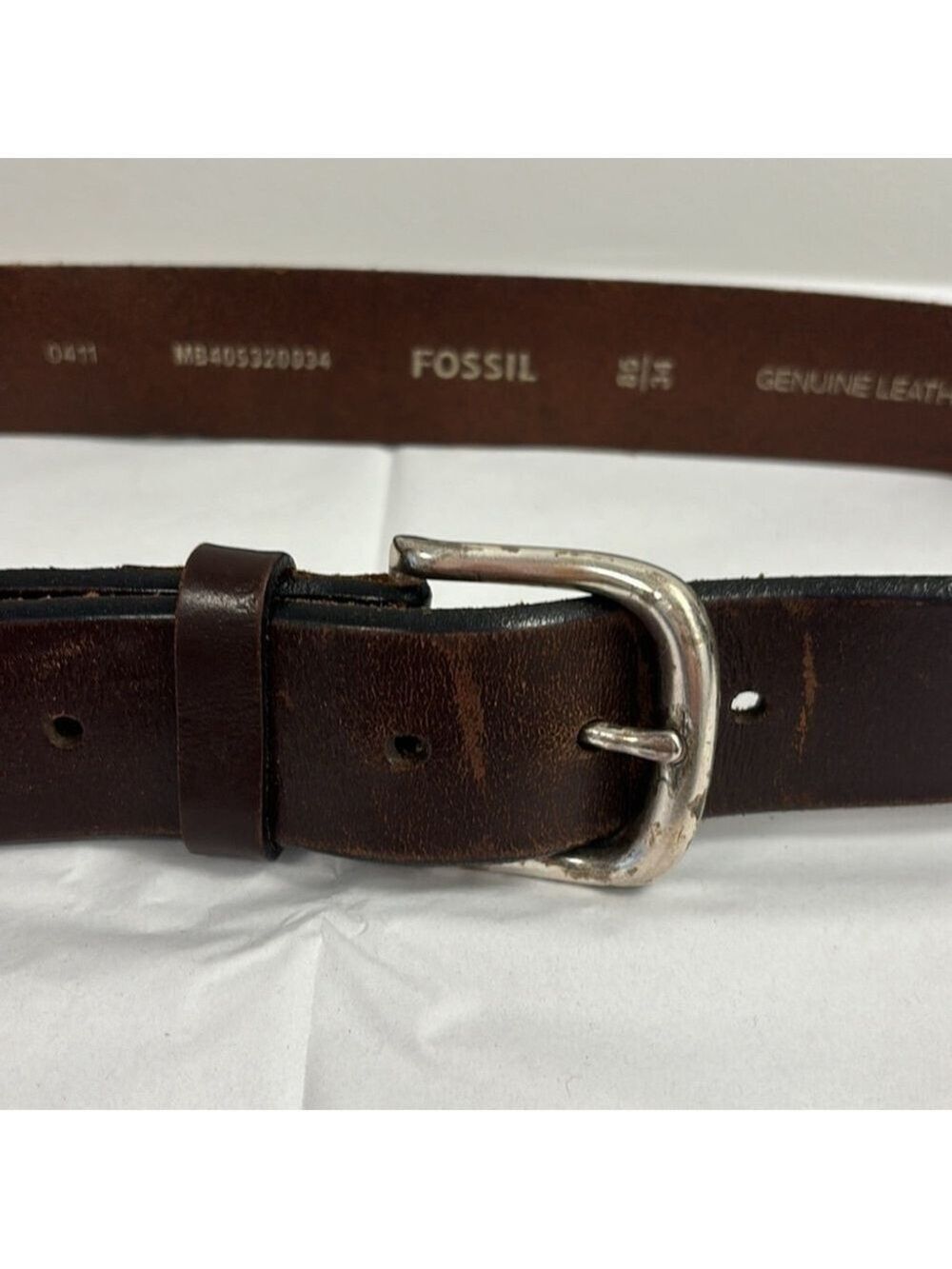 FOSSIL vintage brown leather belt brushed silver tone metal buckle sz 34 unisex